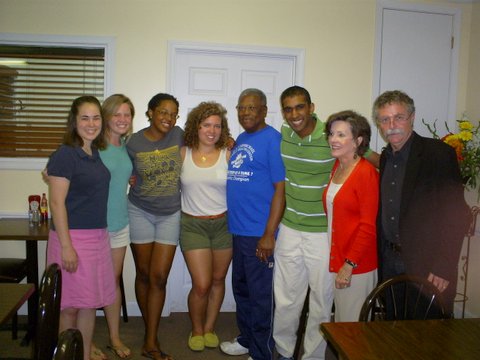 From left, Duke University Robertson Scholars Nina Wooley, Erin Convery, Kimi Goffe and  Alison Kibbe,  Senator Willie Simmons, Robertson Scholar Braven Ragunanthan, and the Delta Center's Lee Aylward and Luther Brown.  